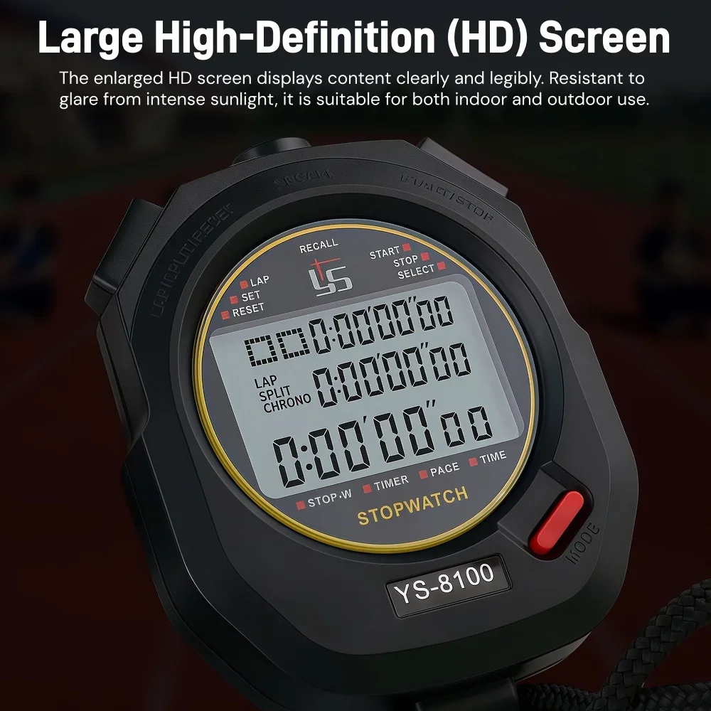 ساعة توقيت رياضية بذاكرة 100 لفة، مؤقت عد رقمي لأعلى/لأسفل مع شاشة كبيرة للجري والتدريب والتدريب والحكم
