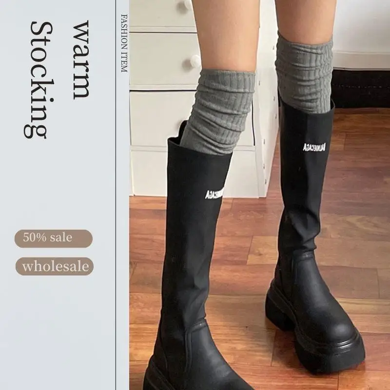 

1 Pair Solid Color Warm Knee Socks Casual Over Knee-High Sock Knitted Long Socks For Boot Female Knee Length Thigh Stocking