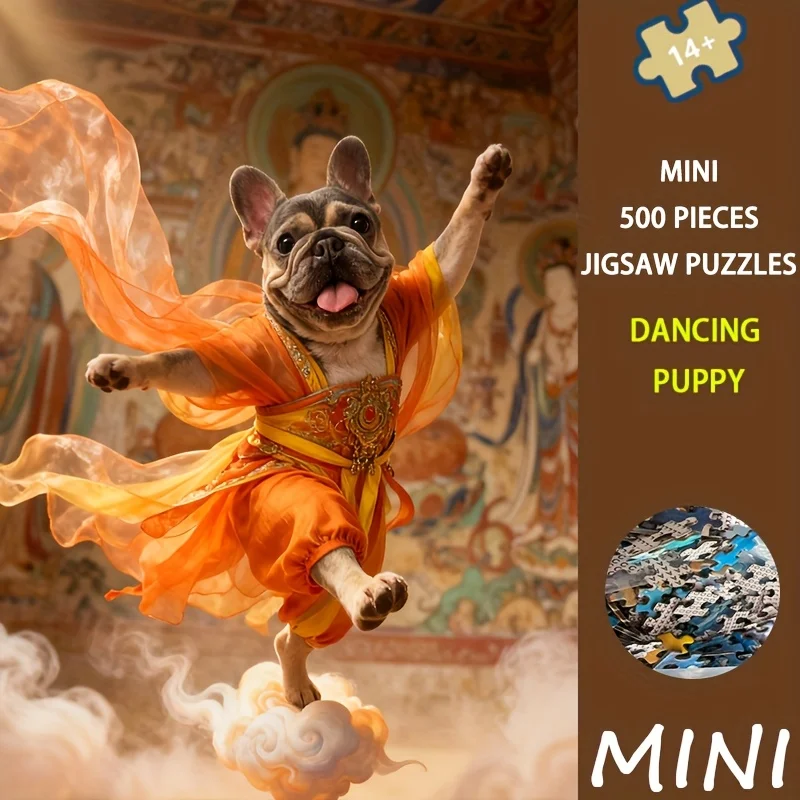 500-Piece Adult Jigsaw Puzzle - Dancing Puppy Design 15x10 Inch (38x26cm) Size with Storage Box And A4 Poster Christmas Gift