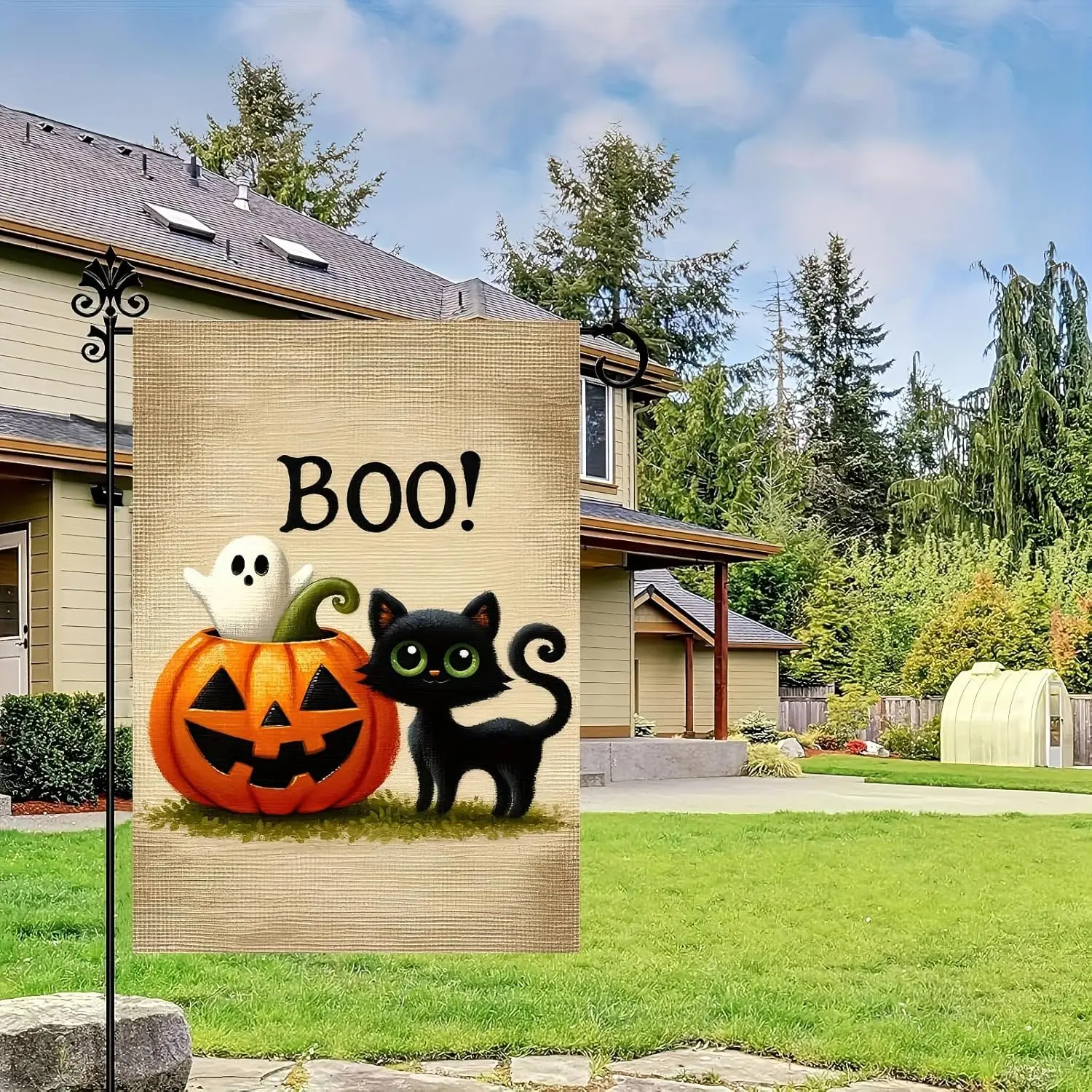 BlissYard Halloween Garden Flag Ghost Black Cat Gander Flag 12x18 Inch Double Sided Halloween Yard Flag Holiday Yard Outdoor zzo