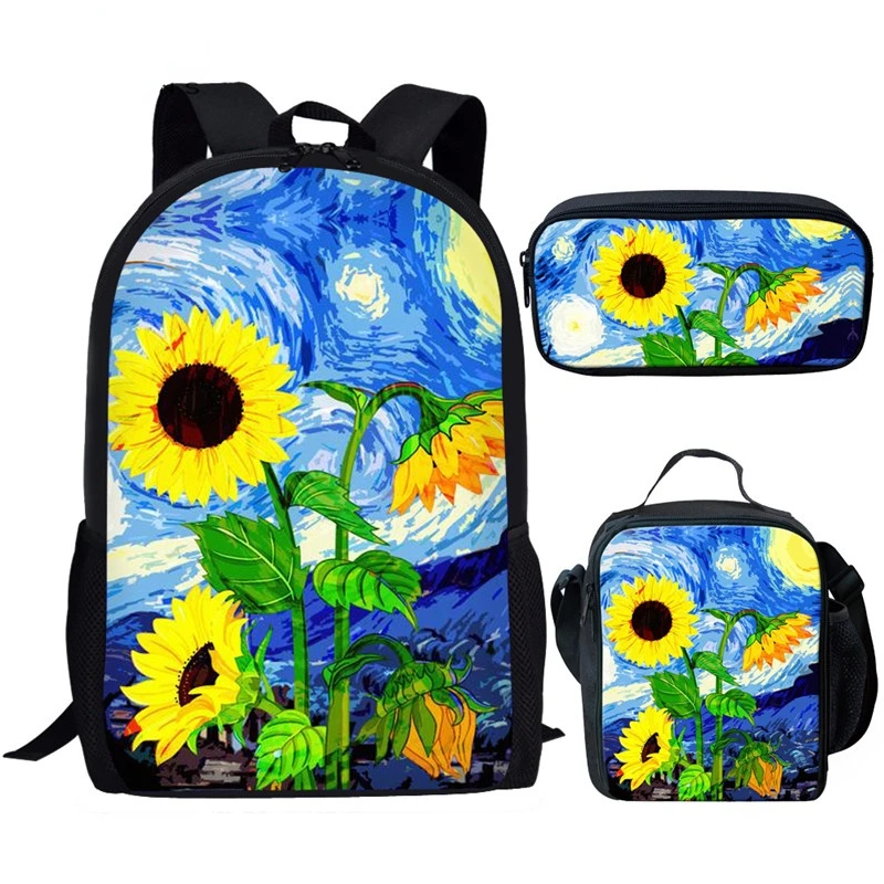 

Black Sunflower School Bag Set For Teen Boys Girls Cute Student Kids Schoolbag Cool Primary Children Bookbag Gift