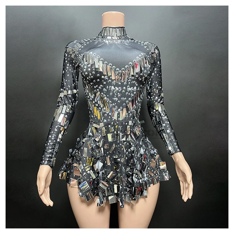 

new Mirror Party Dress Black Stretch Stage Dance Dress Nightclub Party Celebrate Dress Women Dancer Performance Clothes sexy