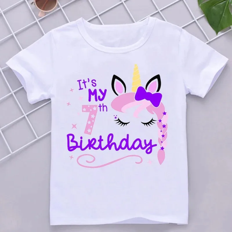 Kawaii Unicorn Face Eyelashes Number Tshirt It\'s My 3-9th Birthday T Shirt Kids Clothes Girl T-Shirt Short Sleeve T-Shirts