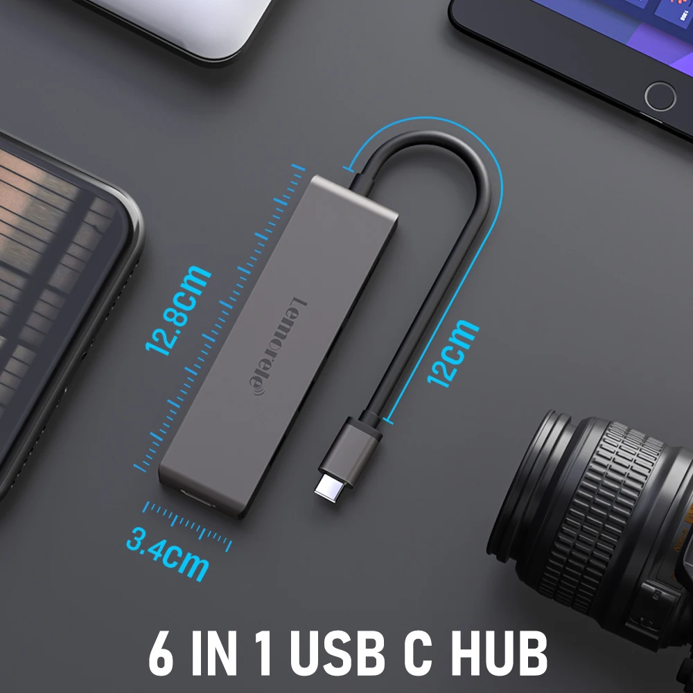 Lemorele 6-em-1 usb c hub tipo c para hdmi 4k 30hz, usb a 3.0 5gbps docking station tf sd 480 mb/s para computador portátil tablet