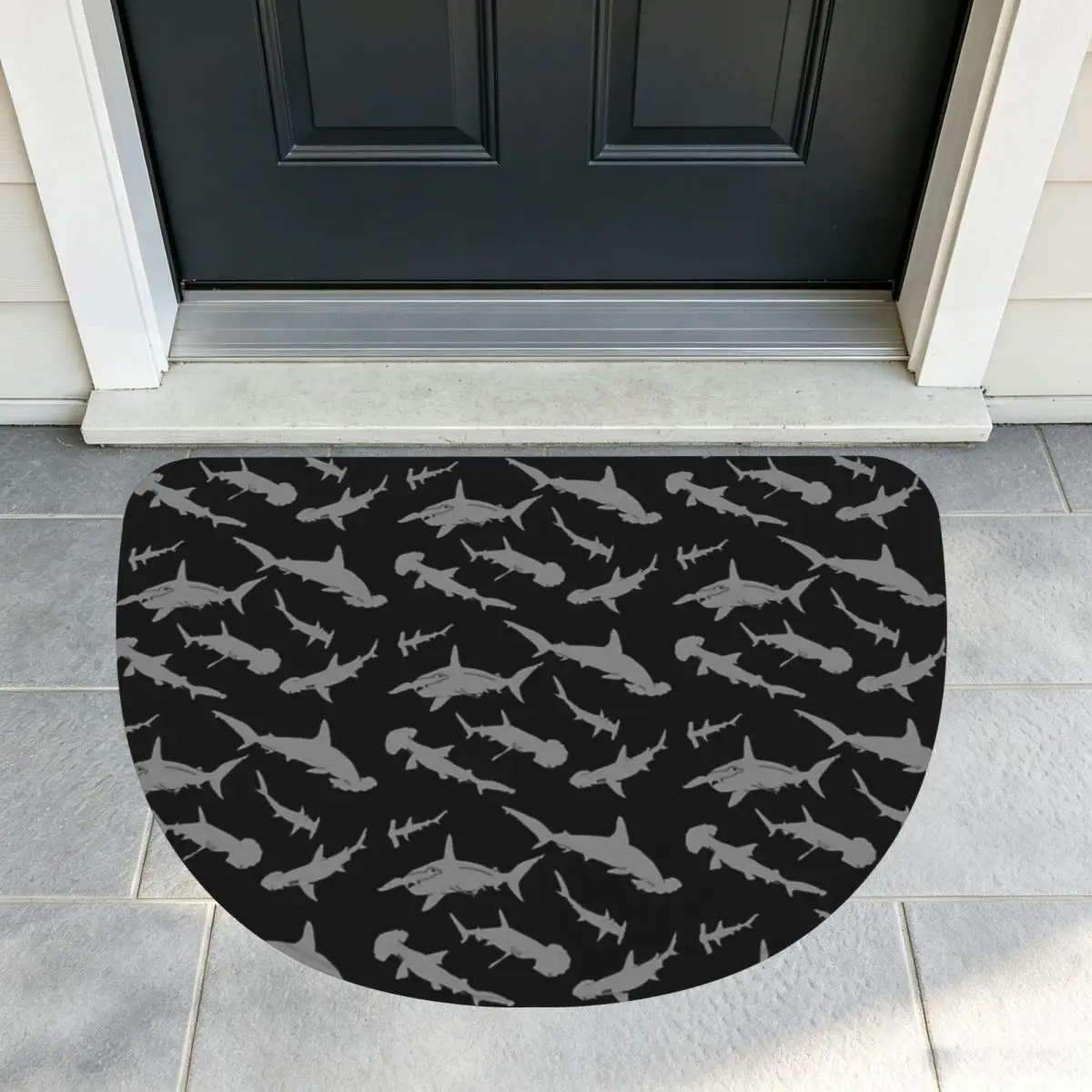 Hammerhead Shark Pack Pattern Flannel Half Round Doormat Non Slip Bathroom Mat Absorbent Floor Carpet for Laundry Room Bathroom