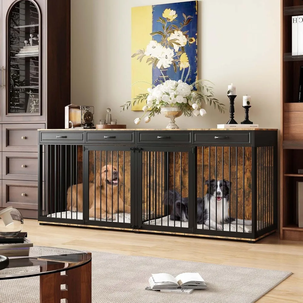 93 Inch Heavy Duty Wooden Dog Kennel with Drawers and Removable Dividers, Indoor Furniture Style Deluxe Double Room Dog House