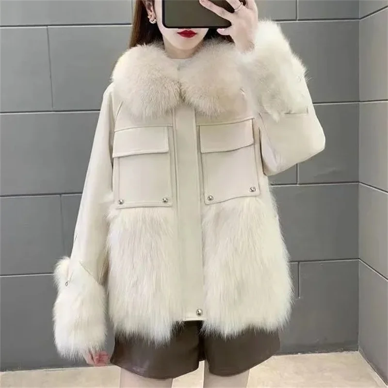 2023 New Winter Coat Lmitation Fox Fur Coat Women\'s Short Stitching Sheepskin Motorcycle Korean Cotton Jacket Female Parka