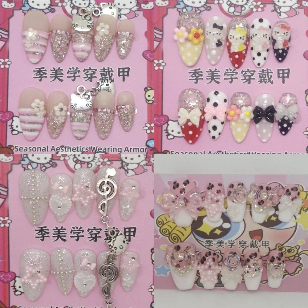 

Y2K Spice Girl Cartoon Hello Kitty Handmade Almond Reusable Press On Nails 3D Flower Bowknot Diamond Leopard Print Fake Nails