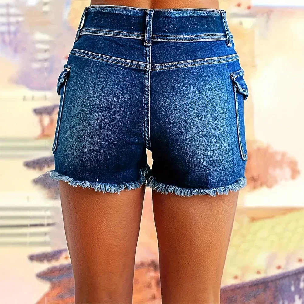 Damen-Jeansshorts für Frühling und Sommer, hohe Taille, doppelte Knopfleiste vorne, roher Saum, lässige Shorts