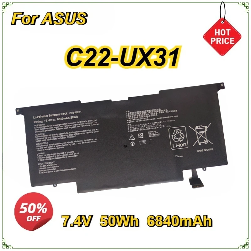 

Новый аккумулятор для ноутбука C22-UX31 для ASUS Zenbook UX31A UX31 UX31E UX31E-DH72 C22-UX31 C23-UX31 7,4 В 6840 мАч 50 Втч 4 ячеек