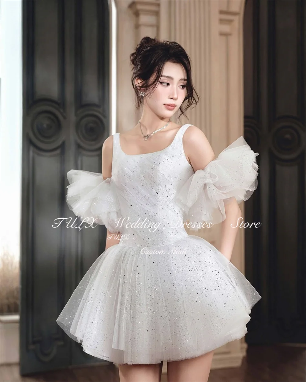 TULX Sparkly Short Wedding Dress Strap Square Collar Tulle Bridal Gowns Mini Above Knee Pleat Engagement Party Customized 2025