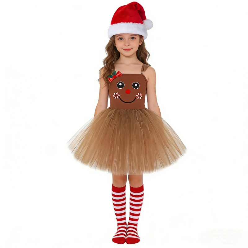 

Brown Gingerbread Man Costumes for Girls Xmas Cartoon Cookie Outfit Children New Year Clothes Gift for Kids Christmas Tutu Dress