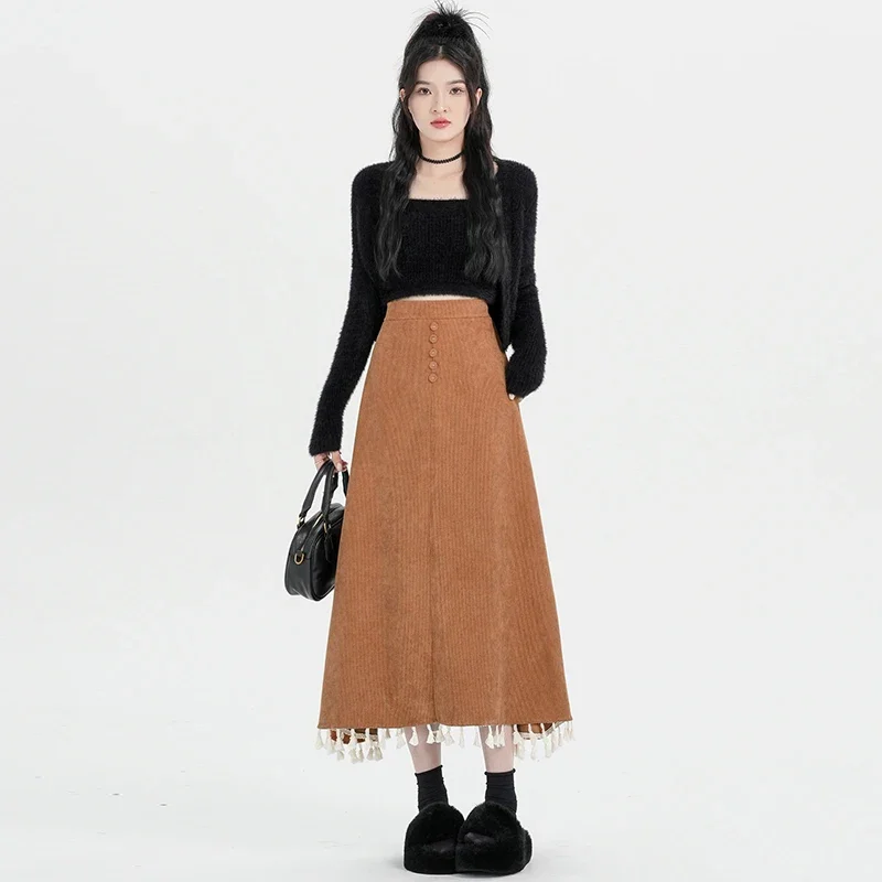 MiiiiX Retro Sweet Style Corduroy Long Skirt Women 2024 Autumn New Loose Thicken Tassel A-line Midi Skirt Casual Female Clothes