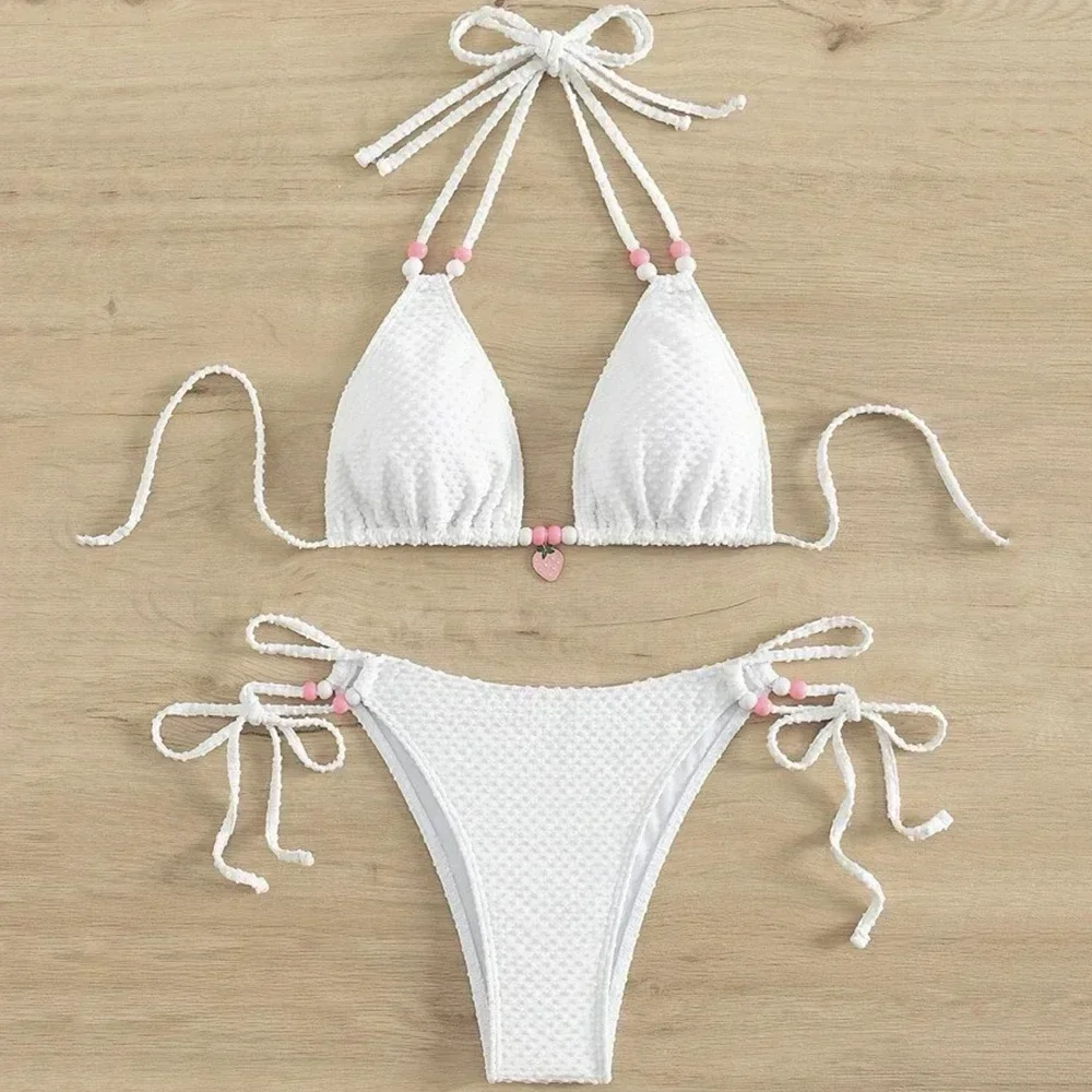 Sexy rosa micro perizoma bikini set perline string halter costumi da bagno donna mini costume da bagno costume da bagno bikini con lacci bikini a triangolo