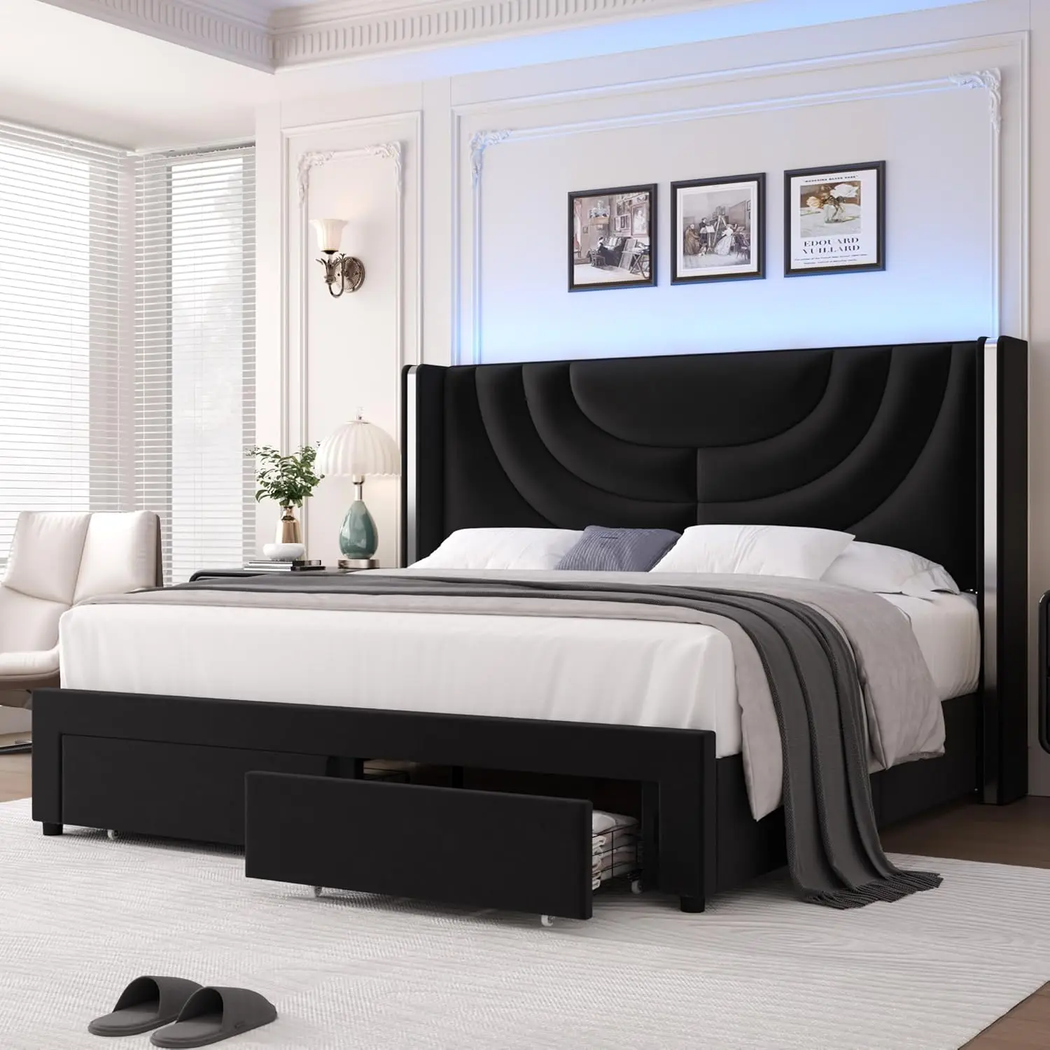 Soft padded LED bed frame with 2 storage drawers, velvet platform bed, solid wood flat support, headboard splicing design