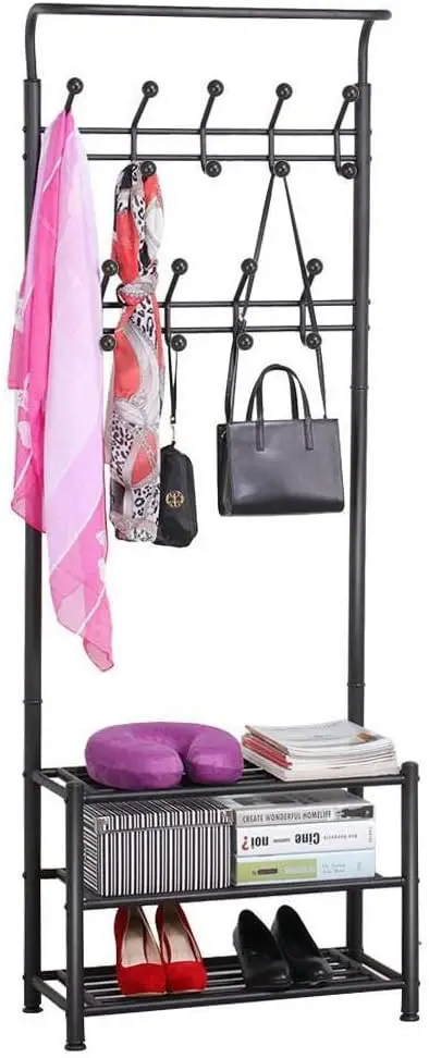 

Coat Rack Stand with Shoe Rack and 18 Hooks, Free Standing Hall Tree with Clothes Hanging Rod, Metal Frame, 187cm Height