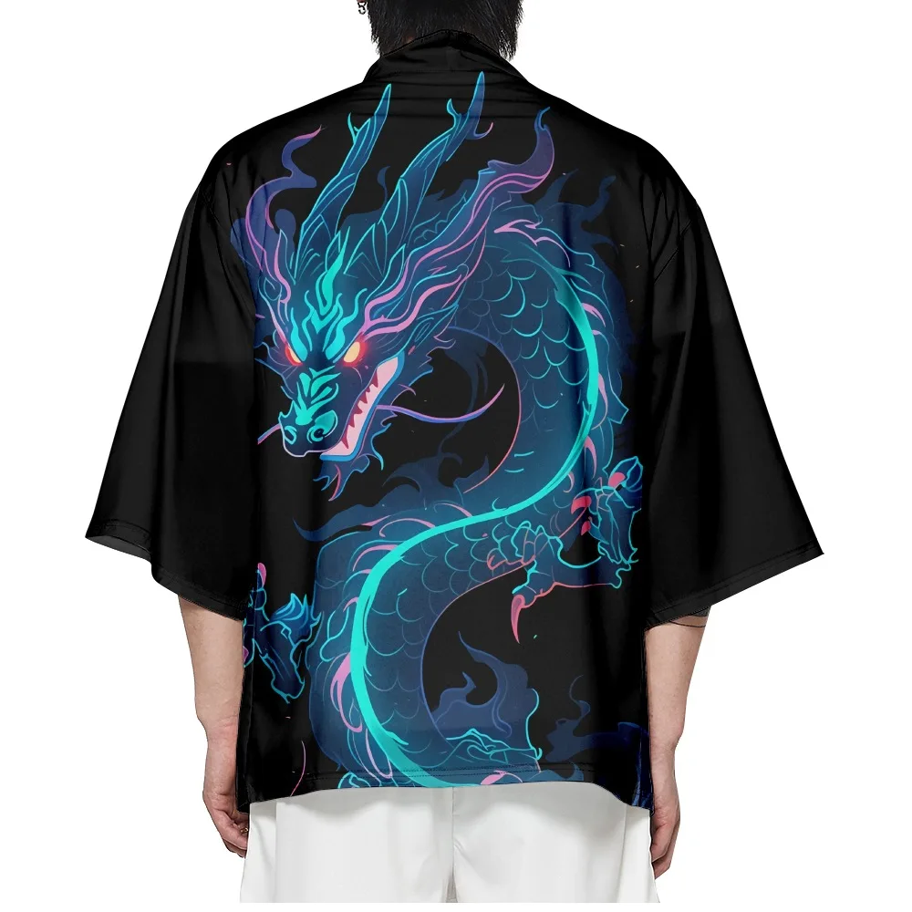 Cárdigan con estampado de dragón de Anime para hombres y mujeres, ropa de Cosplay de Loong chino, Kimono Harajuku japonés, Haori negro