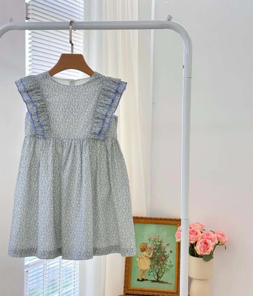 

summer girls dress kids girl clothes European and American style Girl's blue floral pattern pure cotton dress