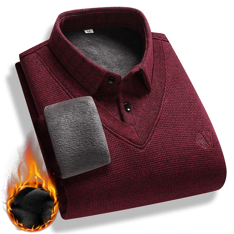 

New Autumn Men Outwear Casual Twinset Shirts Pullovers Winter Knitted Sweaters Quality Male Fleece Warm Fake Two P Sweaters 4XL