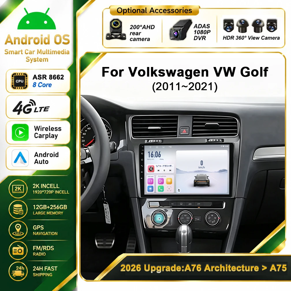 Cortex-A76 Octa-Core Android 16 Car Radio For Volkswagen VW Golf 7 MK7 GTI 2011-2021 Wifi BT Stereo Head Unit Multimedia Player
