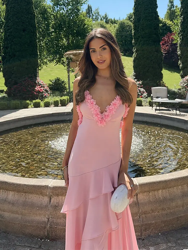 

Sexy Flower Deep V-neck Long Dresses Women Elegant Backless Lace Up Ruffle Sling Party Dress Lady New Chic Summer Street Holiday