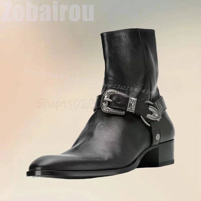 Black Buckle Decor Square Toe Mid Calf Boots Fashion Side Zipper Men Boots Luxury Handmade Party Office Banquet Men Dress Shoes - view 2