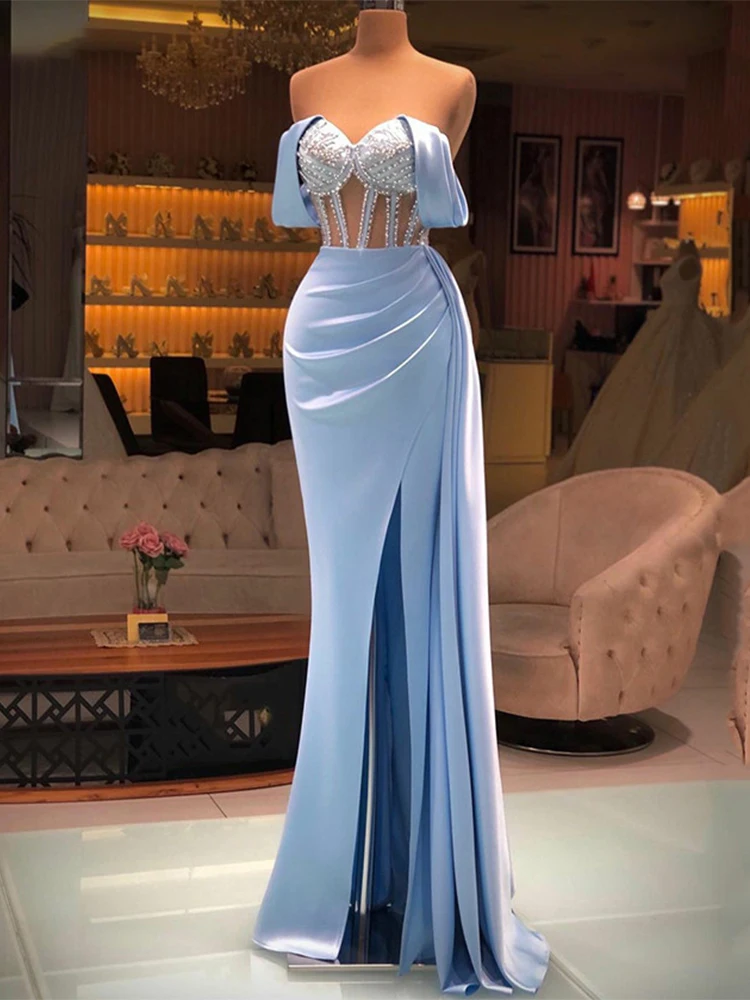 Sexy Mermaid Prom Dress Robe De Soiree Illusion Bodice Pleats Beading Off The Shoulder Split Slit Formal Party Gown Vestido