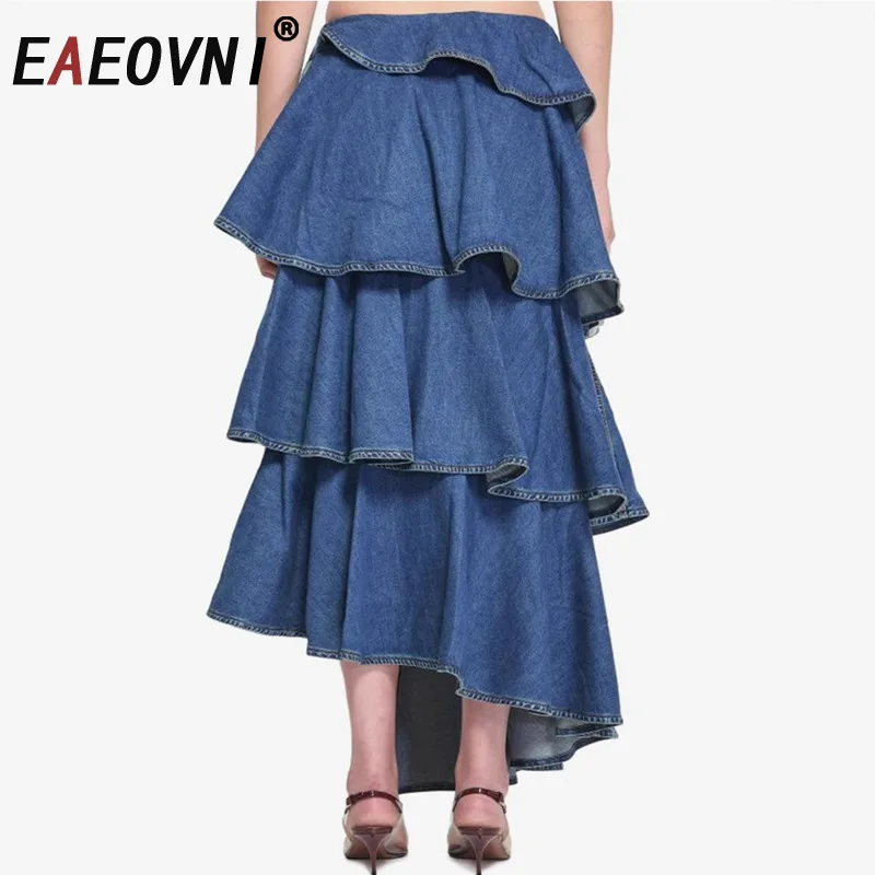 

EAEOVNI Luxury Blue Denim Skirt For Women Folds Ruffles Patchwork Asymmetrical Design A Line Long Skirts Streetwear 2025 New