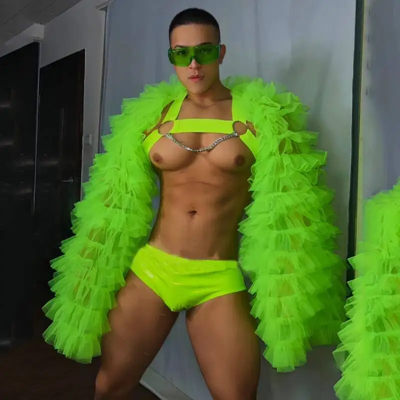 Bar Nightclub DS DJ Gogo Dancer Costume Men Fluorescent Green Fluffy Sleeves Coat Shorts Stage Sexy Pole Dance Outfit view 3