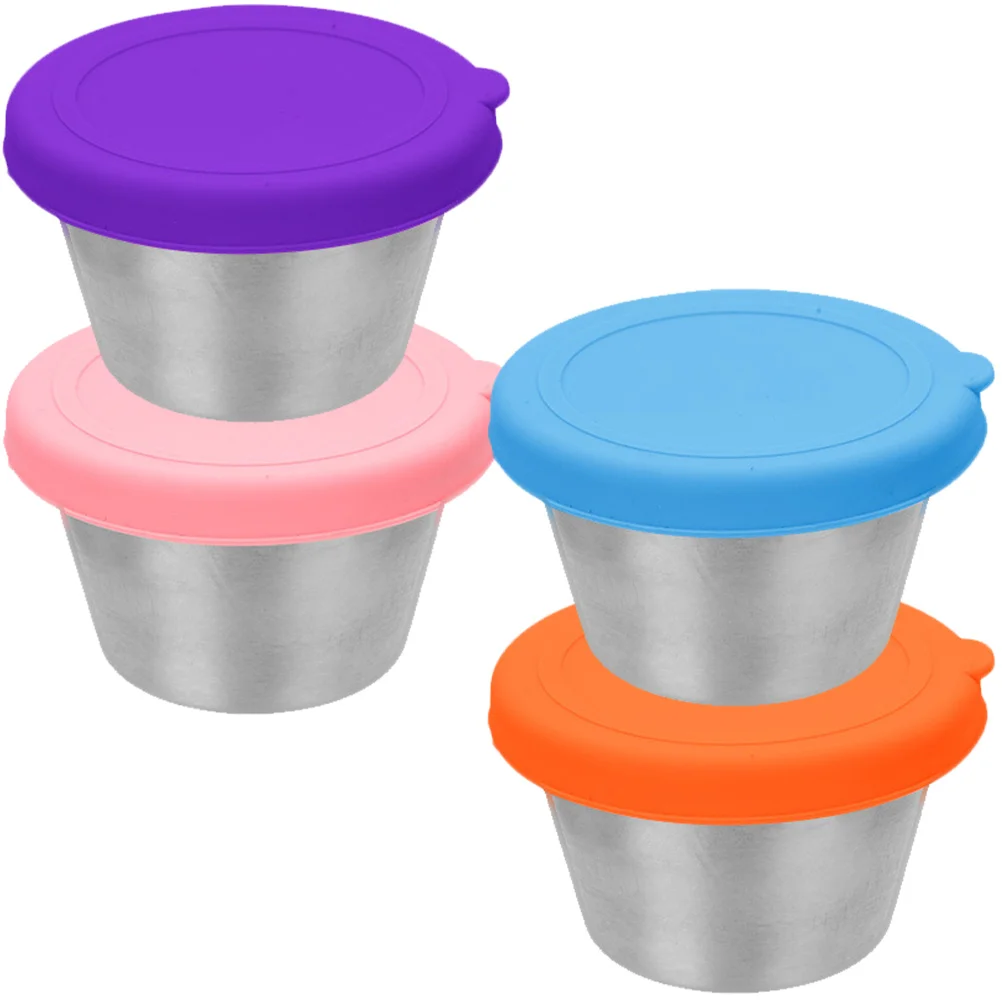 

4 Pcs Stainless Steel Small Containers Airtight Crisper Dressing Sauce Soft Metal Bowl Lids Reusable Condiment