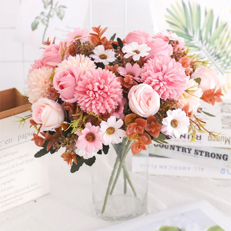 

Осенние розы, искусственные цветы, букет невесты с ромашками, свадебный сад, рождественское украшение для ваз, домашняя комната, стол, искусственное растение, подарок