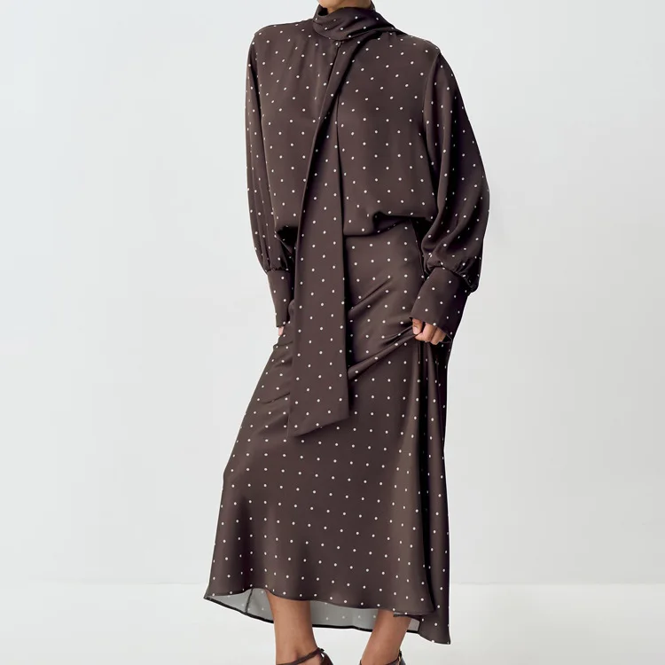 

Комплект из двух предметов с юбкой, атласная юбка в горошек с принтом, женская рубашка на шнуровке с длинными рукавами + комплект юбки-миди с высоким волнистым принтом