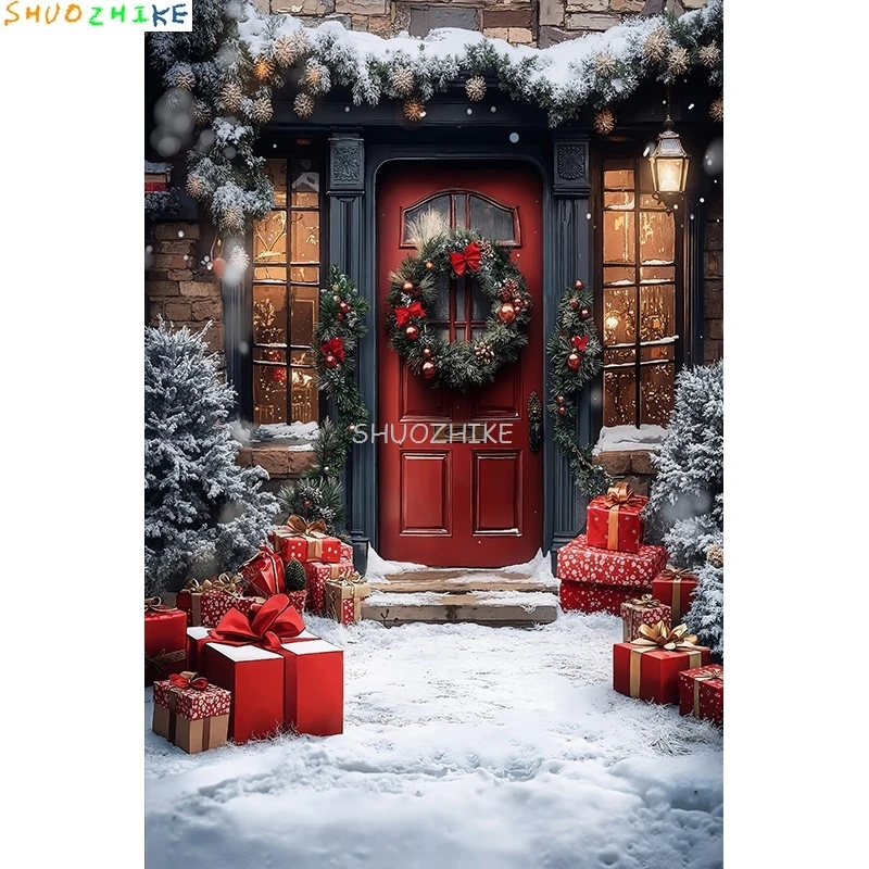 

Christmas Day Wreath New Year Photography Backdrops Wooden Door Window Living Room Xmas Tree Gift Snow Party Background DC-08