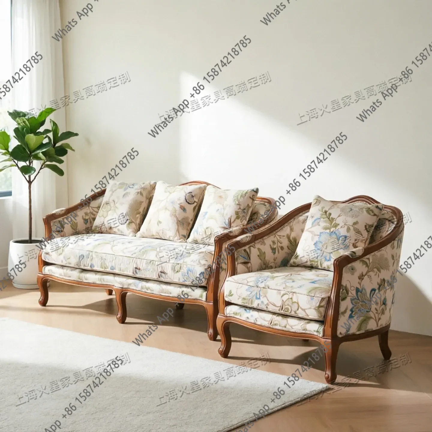 X36 Pastoral Style Retro Solid Wood Fabric Living Room Sofa Single Double Triple French Simple Balcony Bedroom Leisure Chair