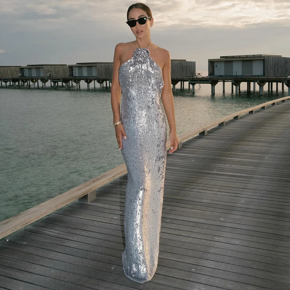 GORAFASHION 2024 New Silver Sequin Dress Senior Sense Light Luxury Evening Dress Bride Toast Dress Sexy Backless Dress