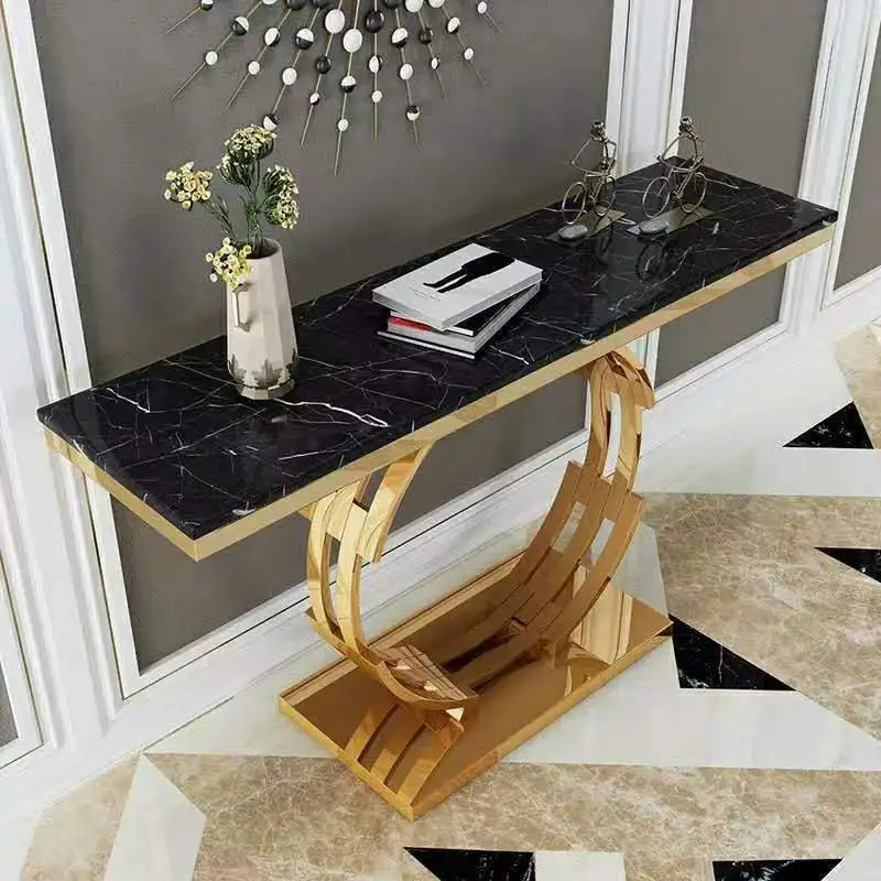 

Light luxury entrance table Simple round entrance cabinet Modern marble entrance table Against the wall Stainless steel strip co