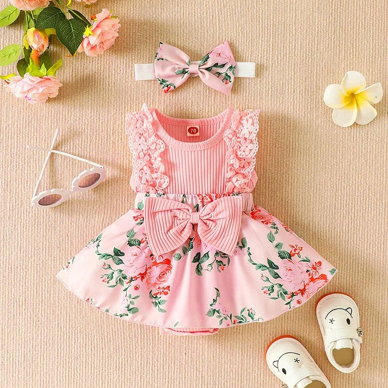 2 stücke Baby Baby Stram pler Kleid Patchwork Blumen druck Spitze ärmel los/Langarm Rundhals ausschnitt vorne Bowknot Overall Stirnband