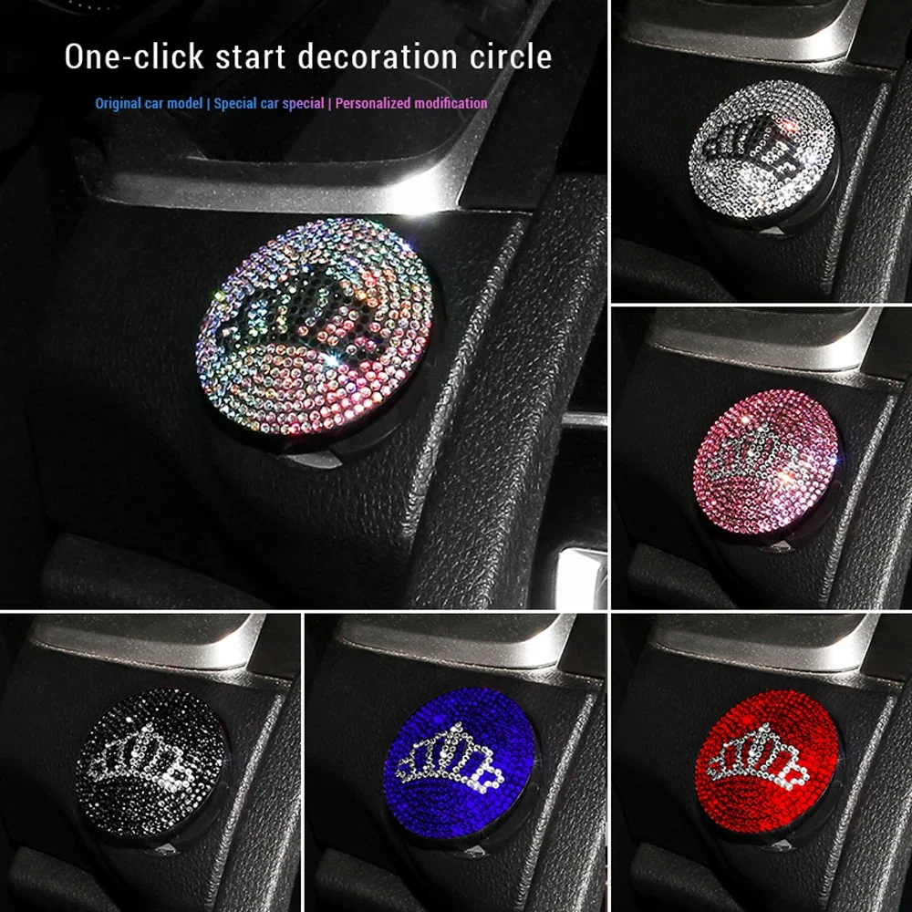 Botón de inicio de un clic para coche, tira de botones a juego de cristal, Círculo de coche Suv, pegatina de botón de inicio de coche, accesorios de coche de diamante de cristal
