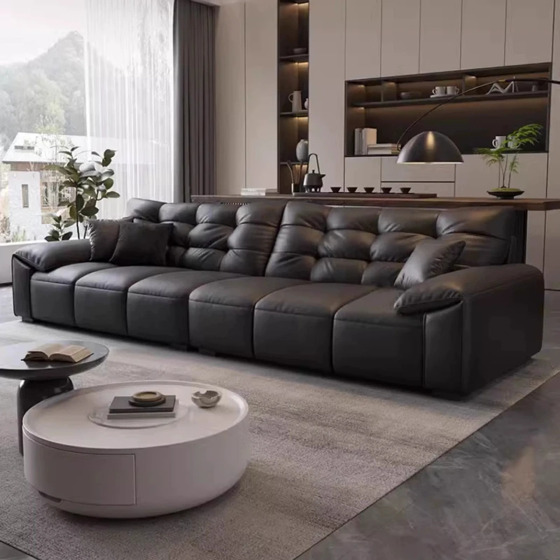 Modern Minimalist Top Grain Leather Sofa Straight Modular Black Genuine Cowhide Sectional Couch for Living Room design furniture