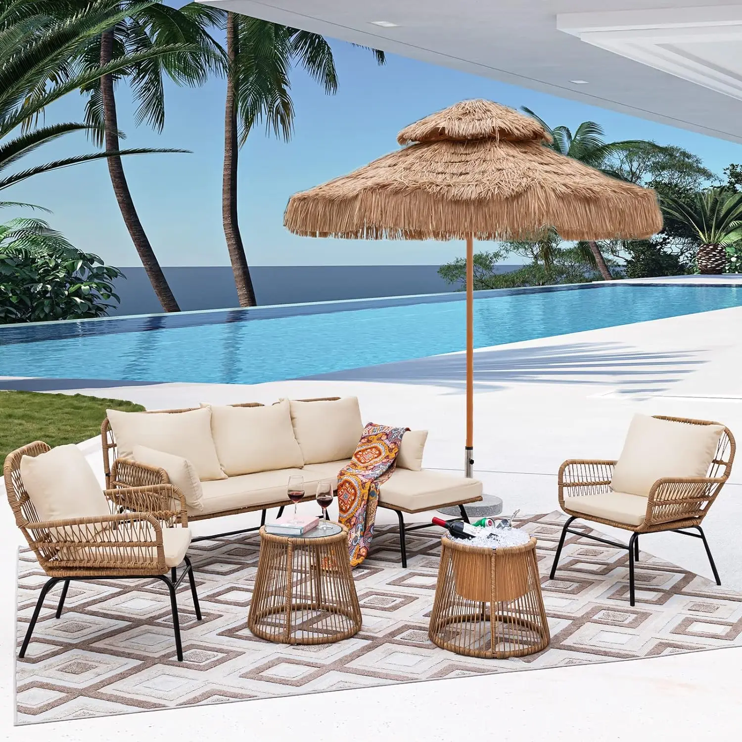 

6 Pcs Boho Patio Furniture Sets, Outdoor Conversation Wicker Sectional Sofa and Chair Sets for Backyard, Porch, Deck, Garden