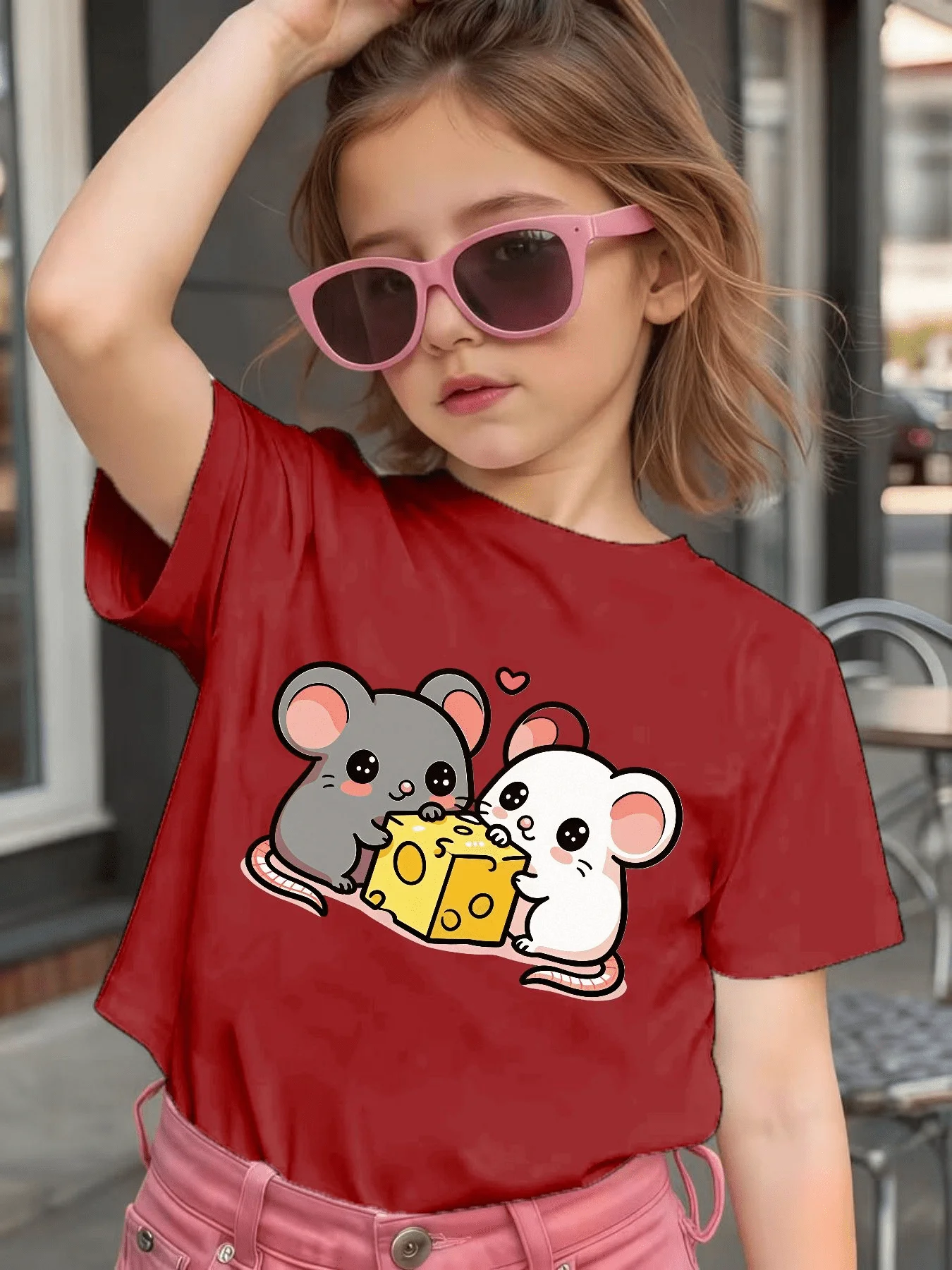 Cute Two Little Mice Cheese Cartoon Graphic Kids Tee Boys Girls Family Matching Cotton Crew Neck Short Sleeve Soft Summer Tee