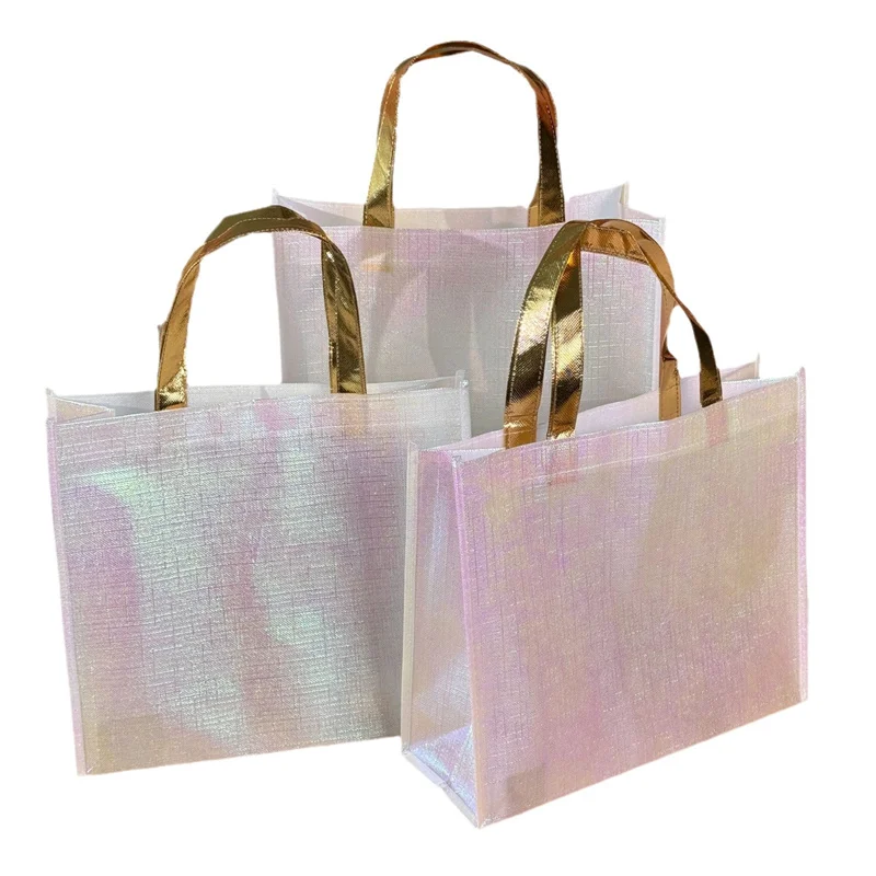 StoBag 10pcs Laser Non-woven Tote Bags Shopping Shoulder Fabric Woman Storage Reusable Large Pouches Custom Logo(Extra Fee)