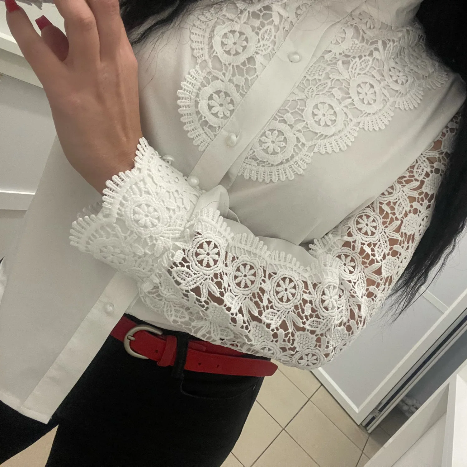 Summer Fashion Shirt 2024 New Women\'s Retro White Lace Spliced Button Women\'s Top Long Sleeve Lace Hollow Shirt