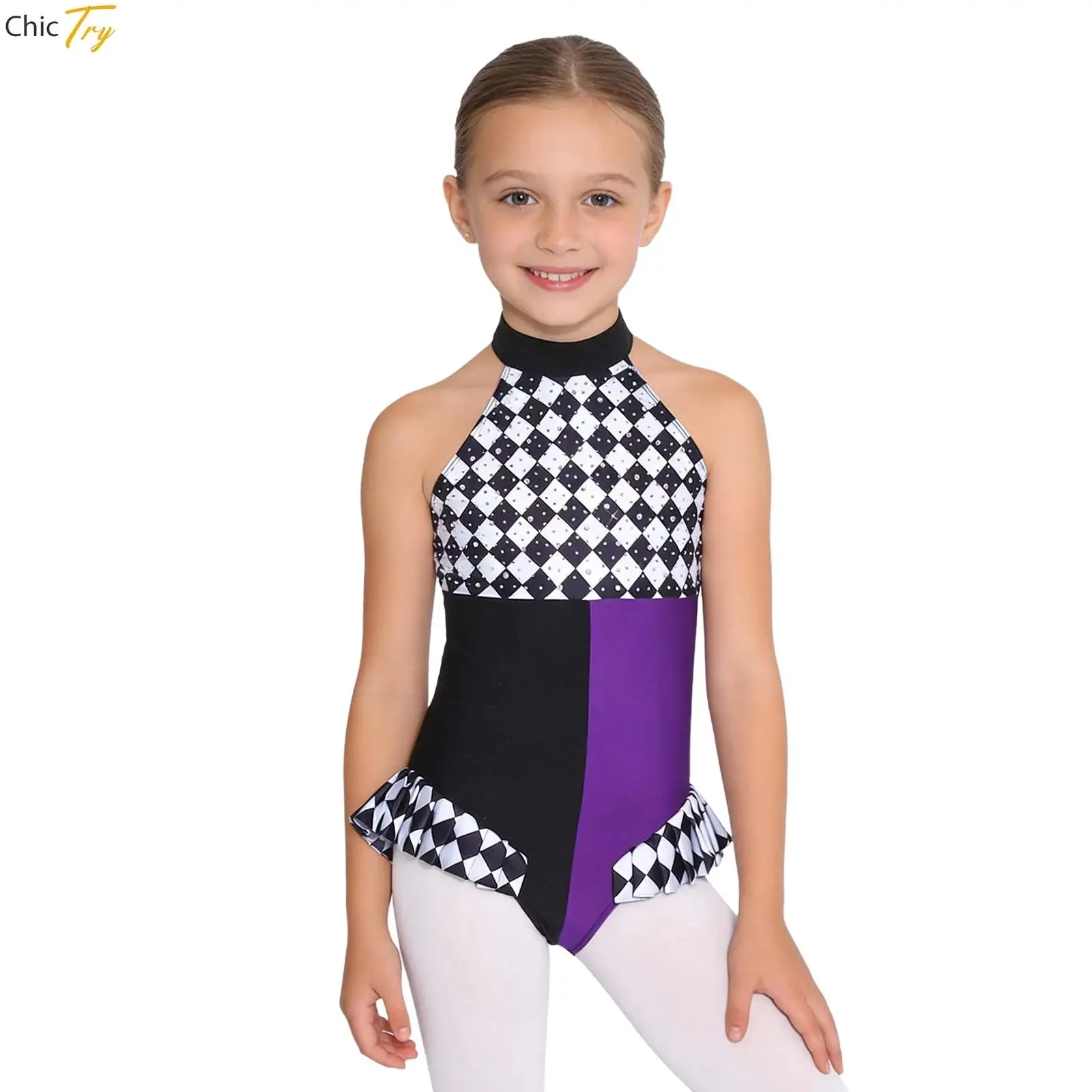 Kids Girls Clown Costume Halloween Carnival Evil Jester Circus Fancy Dress Halter Tutu Dance Leotard Dress for Ballet Gymnastics