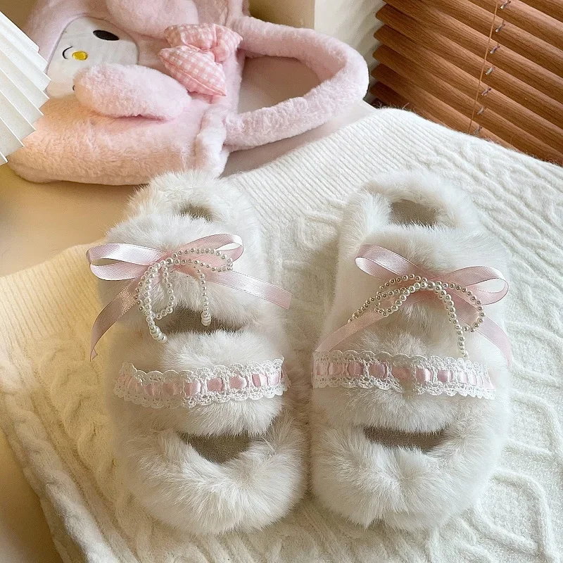 Cute Fluffy Slippers Women Winter Pink Bow Bead String Decoration Home Slippers for Sweet Girls Cozy Fuzzy Indoor Shoes
