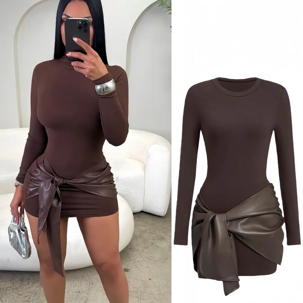 

FAGADOER Sexy Leather Patchwork Bodycon Dresses for Woman Solid Color Long Sleeves Bandage Dress Female Party Clubwear Vestidos