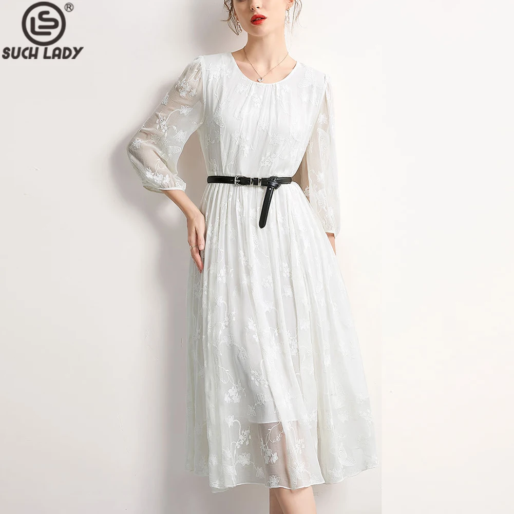 100% Natural Silk Women's Dresses O Neck 3/4 Sleeves Dobby Elegant Fashion Designer Vestidos