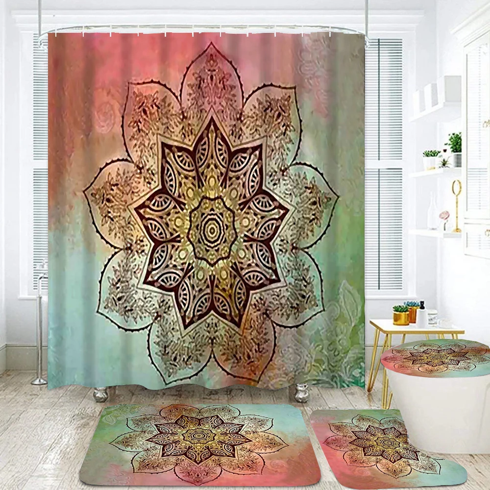 Datura Flower Print Shower Curtains 4 Piece Carpet Toilet Cover Bath Mat Pad Set Bathroom Curtain with 12 Hooks Home Decor