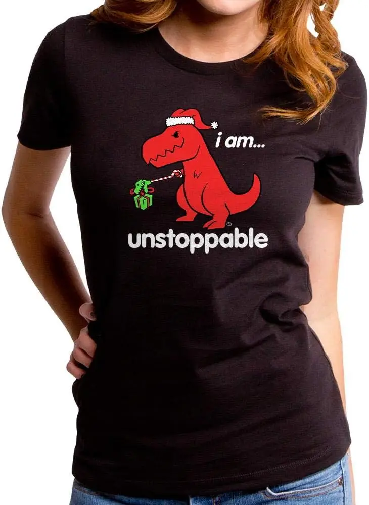 Goodie Two Sleeves Christmas Unstoppable Dino Santa Women's Short Sleeve T-Shirt