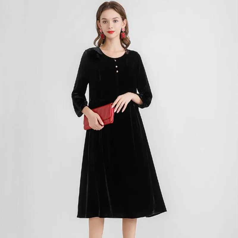 女性用七分袖ベロアパーティードレス、Oネックボタン付きプリーツフリルベルベットドレス、春秋ヴィンテージパーティードレス